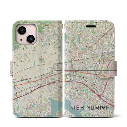 【西宮（兵庫県）】地図柄iPhoneケース（手帳タイプ）ナチュラル・iPhone 13 mini 用