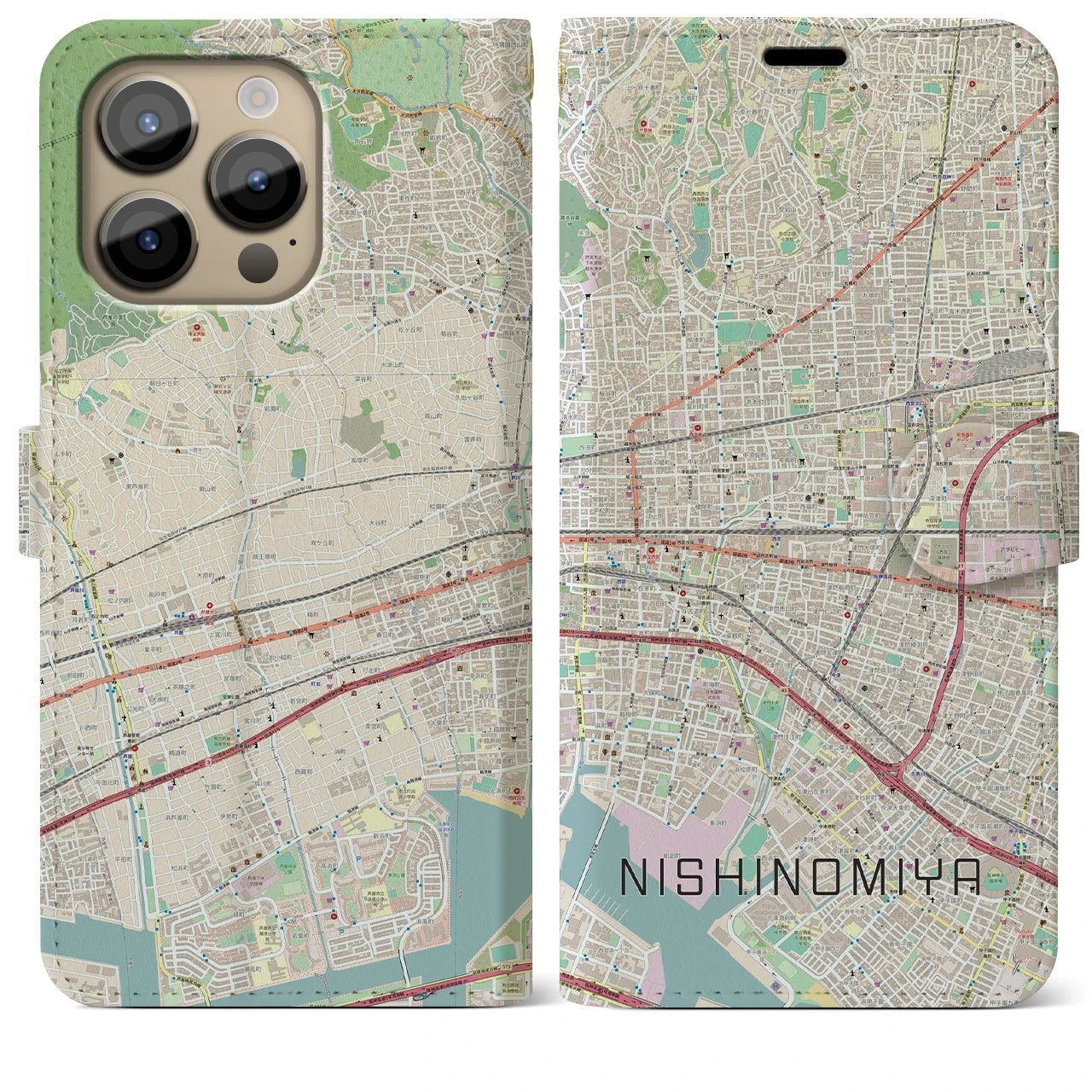 【西宮】地図柄iPhoneケース（手帳両面タイプ・ナチュラル）iPhone 14 Pro Max 用