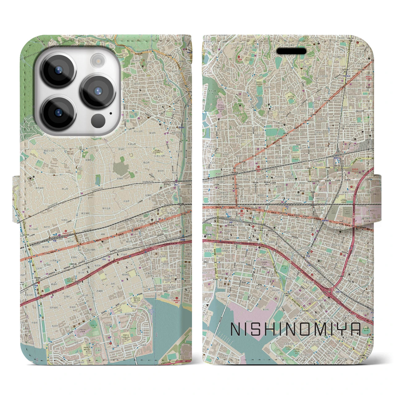 【西宮】地図柄iPhoneケース（手帳両面タイプ・ナチュラル）iPhone 14 Pro 用