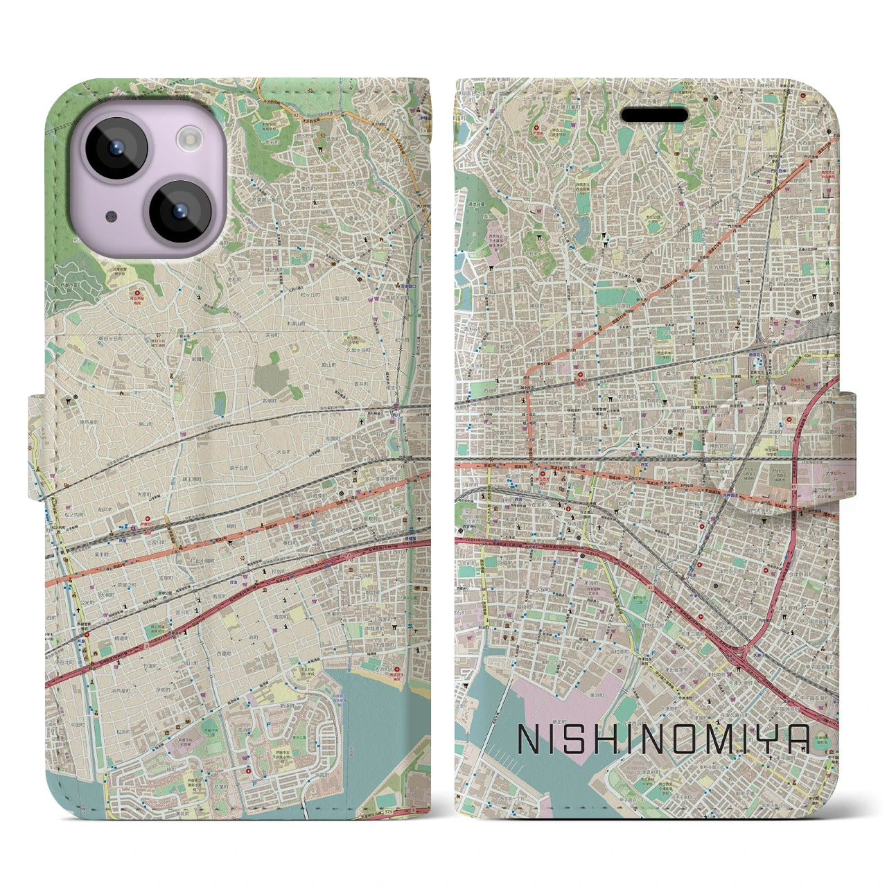 【西宮】地図柄iPhoneケース（手帳両面タイプ・ナチュラル）iPhone 14 用