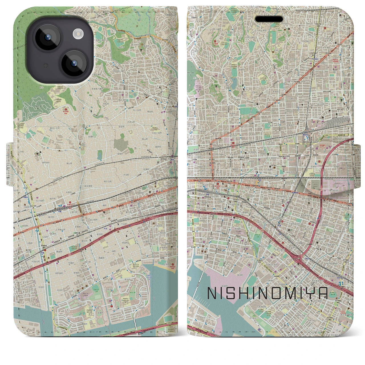 【西宮】地図柄iPhoneケース（手帳両面タイプ・ナチュラル）iPhone 14 Plus 用