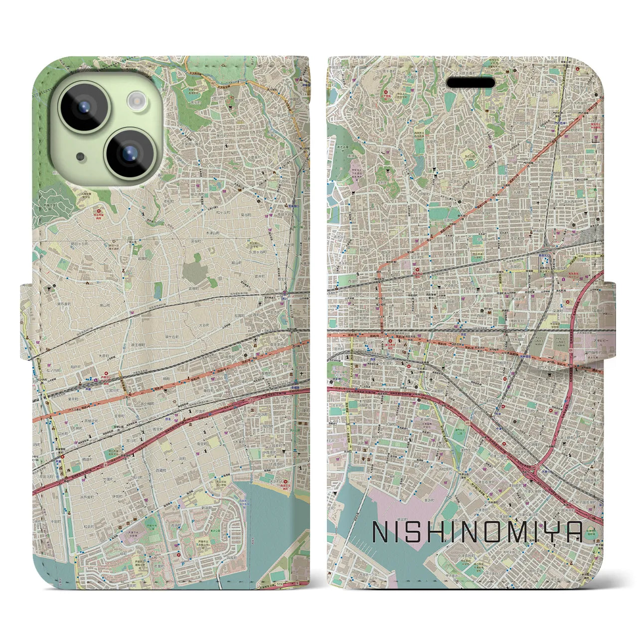 【西宮】地図柄iPhoneケース（手帳両面タイプ・ナチュラル）iPhone 15 用