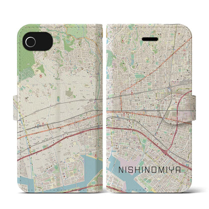 【西宮（兵庫県）】地図柄iPhoneケース（手帳タイプ）ナチュラル・iPhone SE（第3 / 第2世代） / 8 / 7 / 6s / 6 用