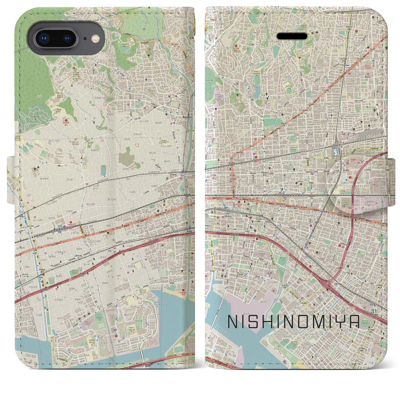 【西宮】地図柄iPhoneケース（手帳両面タイプ・ナチュラル）iPhone 8Plus /7Plus / 6sPlus / 6Plus 用