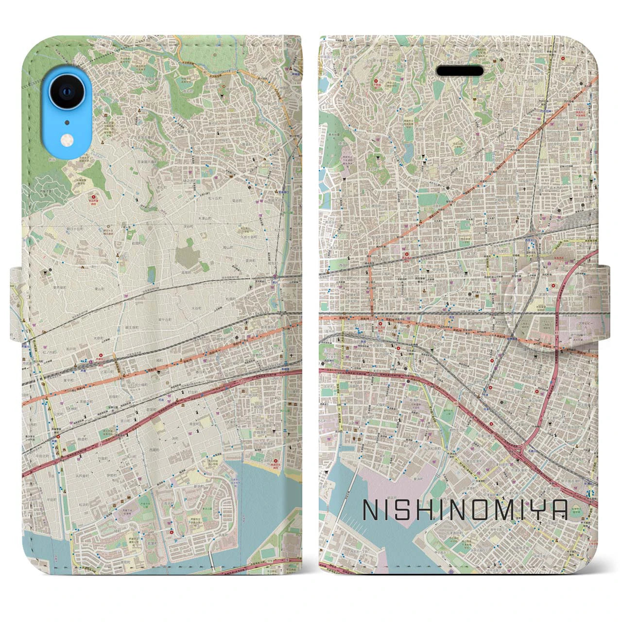 【西宮】地図柄iPhoneケース（手帳両面タイプ・ナチュラル）iPhone XR 用