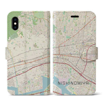 【西宮（兵庫県）】地図柄iPhoneケース（手帳タイプ）ナチュラル・iPhone XS / X 用
