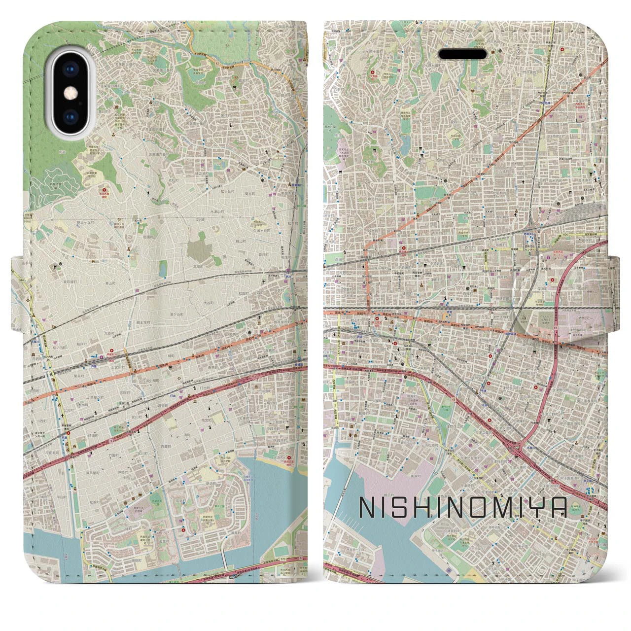【西宮】地図柄iPhoneケース（手帳両面タイプ・ナチュラル）iPhone XS Max 用