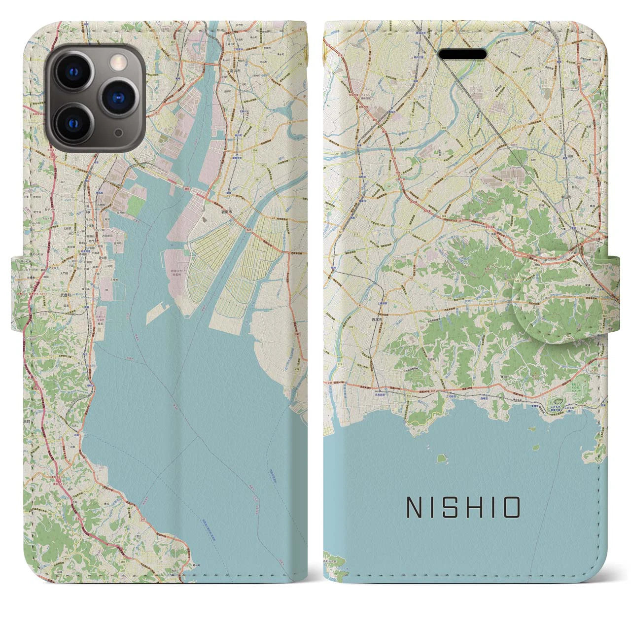 【西尾2】地図柄iPhoneケース（手帳両面タイプ・ナチュラル）iPhone 11 Pro Max 用