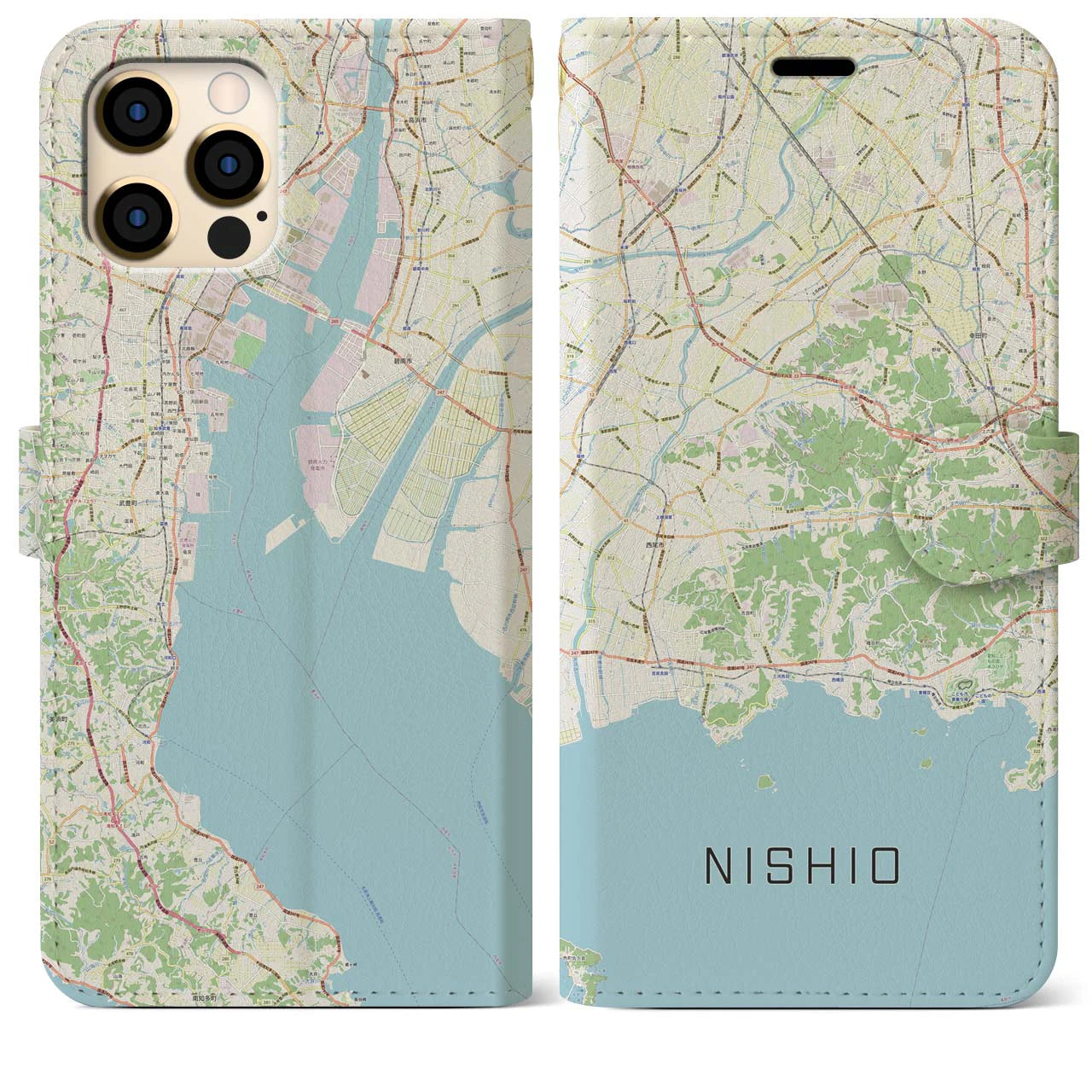 【西尾2】地図柄iPhoneケース（手帳両面タイプ・ナチュラル）iPhone 12 Pro Max 用