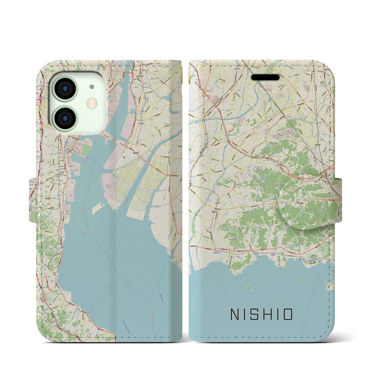 【西尾2】地図柄iPhoneケース（手帳両面タイプ・ナチュラル）iPhone 12 mini 用