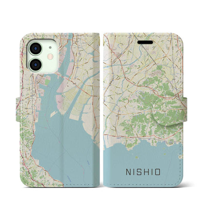 【西尾2（愛知県）】地図柄iPhoneケース（手帳タイプ）ナチュラル・iPhone 12 mini 用