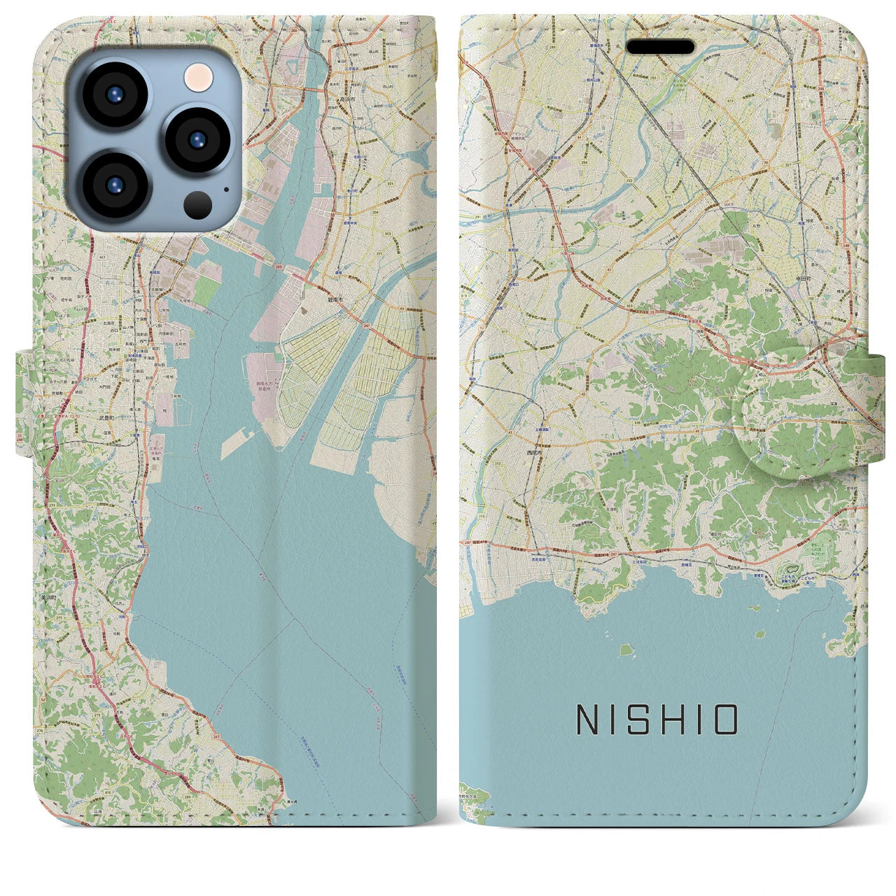 【西尾2】地図柄iPhoneケース（手帳両面タイプ・ナチュラル）iPhone 13 Pro Max 用