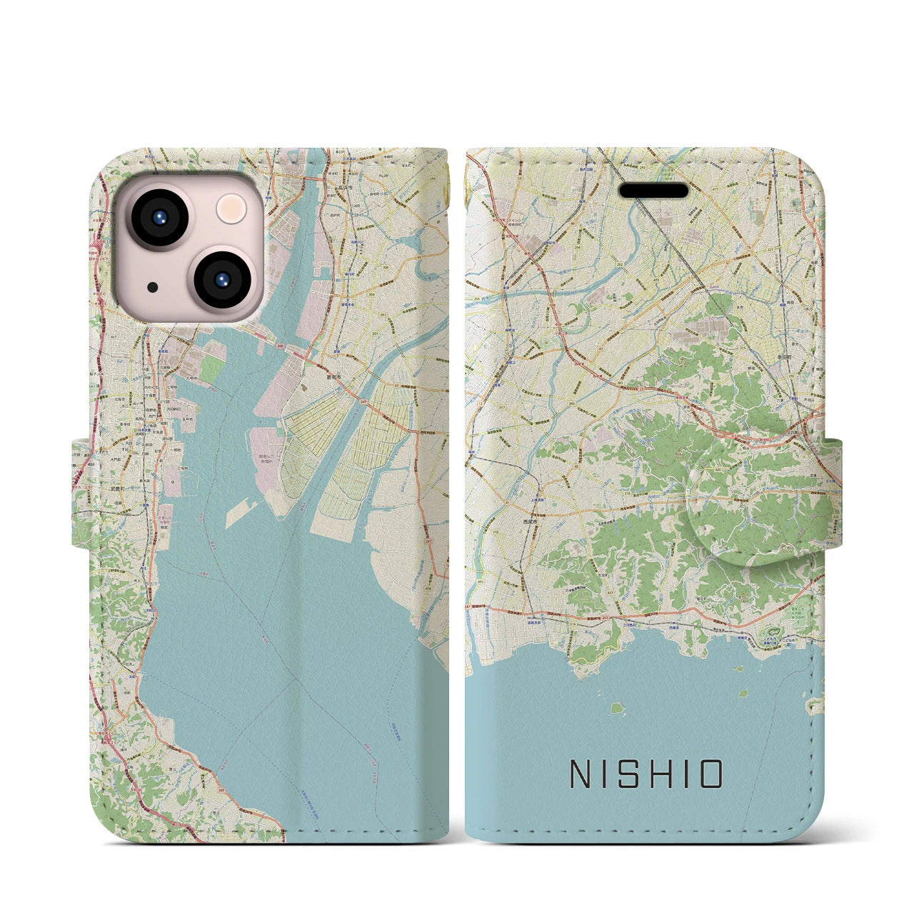 【西尾2】地図柄iPhoneケース（手帳両面タイプ・ナチュラル）iPhone 13 mini 用