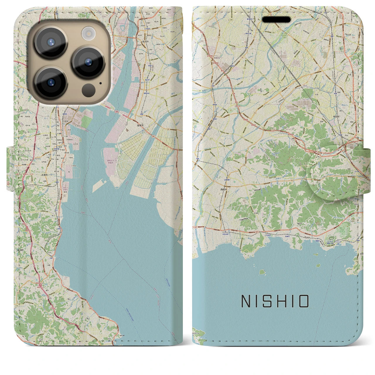 【西尾2】地図柄iPhoneケース（手帳両面タイプ・ナチュラル）iPhone 14 Pro Max 用