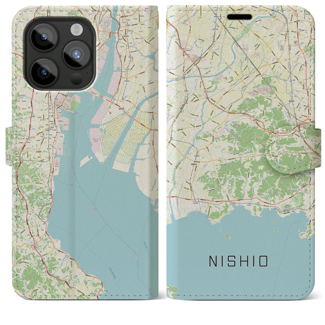 【西尾2】地図柄iPhoneケース（手帳両面タイプ・ナチュラル）iPhone 15 Pro Max 用