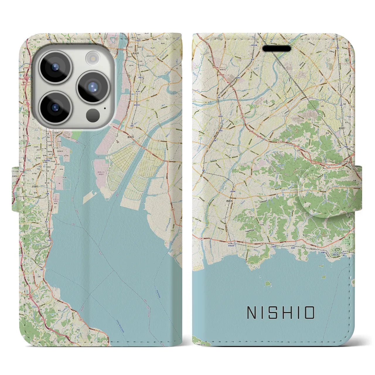 【西尾2】地図柄iPhoneケース（手帳両面タイプ・ナチュラル）iPhone 15 Pro 用