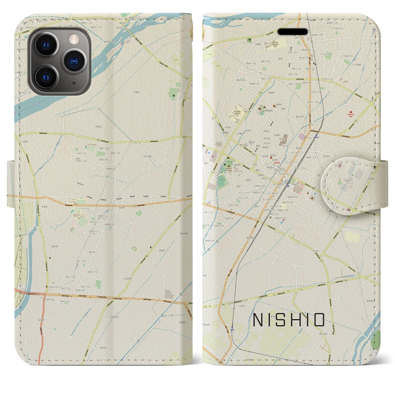 【西尾】地図柄iPhoneケース（手帳両面タイプ・ナチュラル）iPhone 11 Pro Max 用