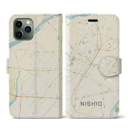 【西尾（愛知県）】地図柄iPhoneケース（手帳タイプ）ナチュラル・iPhone 11 Pro 用