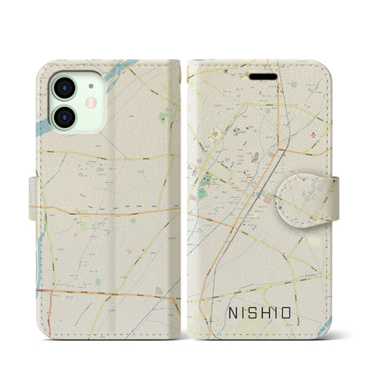 【西尾（愛知県）】地図柄iPhoneケース（手帳タイプ）ナチュラル・iPhone 12 mini 用