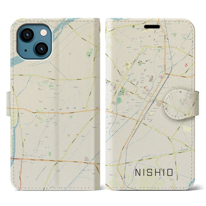 【西尾（愛知県）】地図柄iPhoneケース（手帳タイプ）ナチュラル・iPhone 13 用