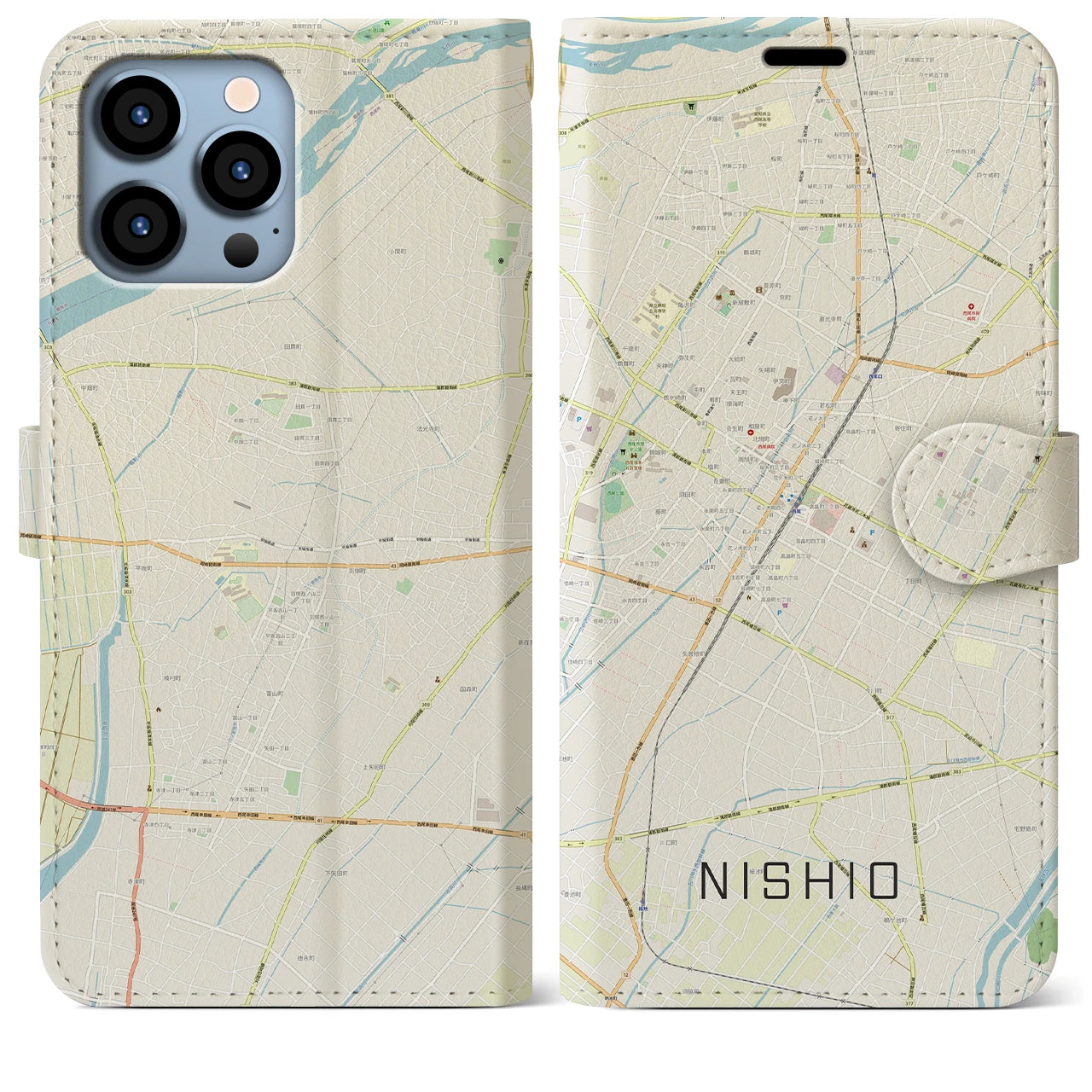 【西尾】地図柄iPhoneケース（手帳両面タイプ・ナチュラル）iPhone 13 Pro Max 用