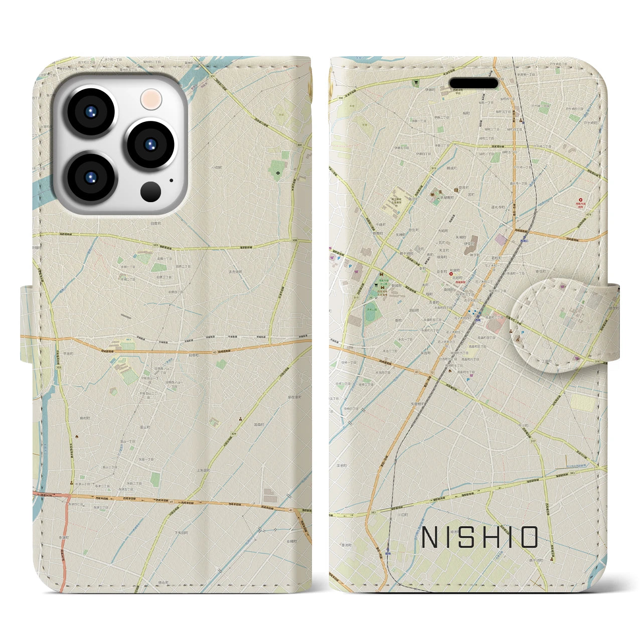 【西尾】地図柄iPhoneケース（手帳両面タイプ・ナチュラル）iPhone 13 Pro 用