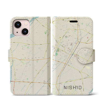 【西尾（愛知県）】地図柄iPhoneケース（手帳タイプ）ナチュラル・iPhone 13 mini 用