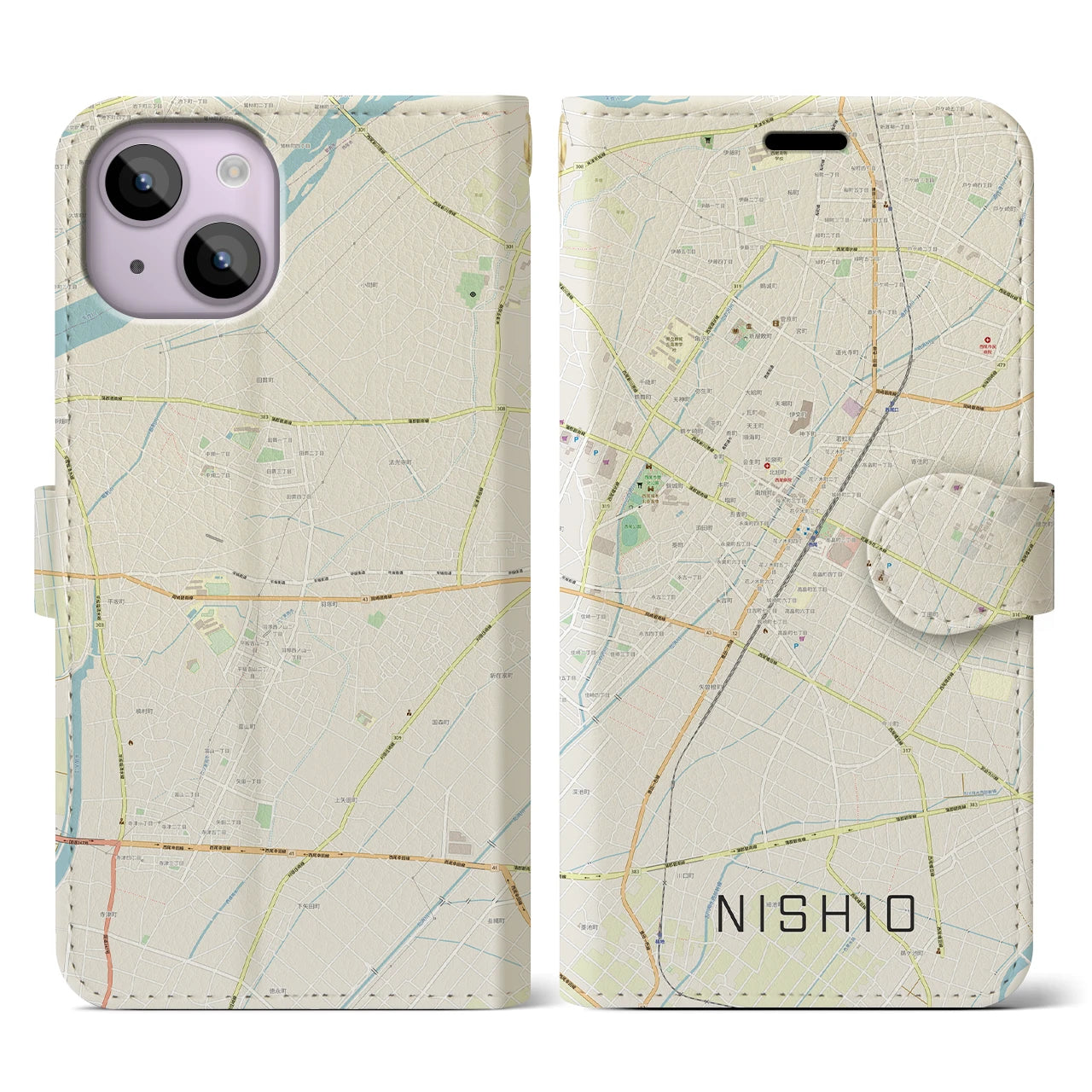 【西尾】地図柄iPhoneケース（手帳両面タイプ・ナチュラル）iPhone 14 用