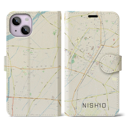 【西尾（愛知県）】地図柄iPhoneケース（手帳タイプ）ナチュラル・iPhone 14 用