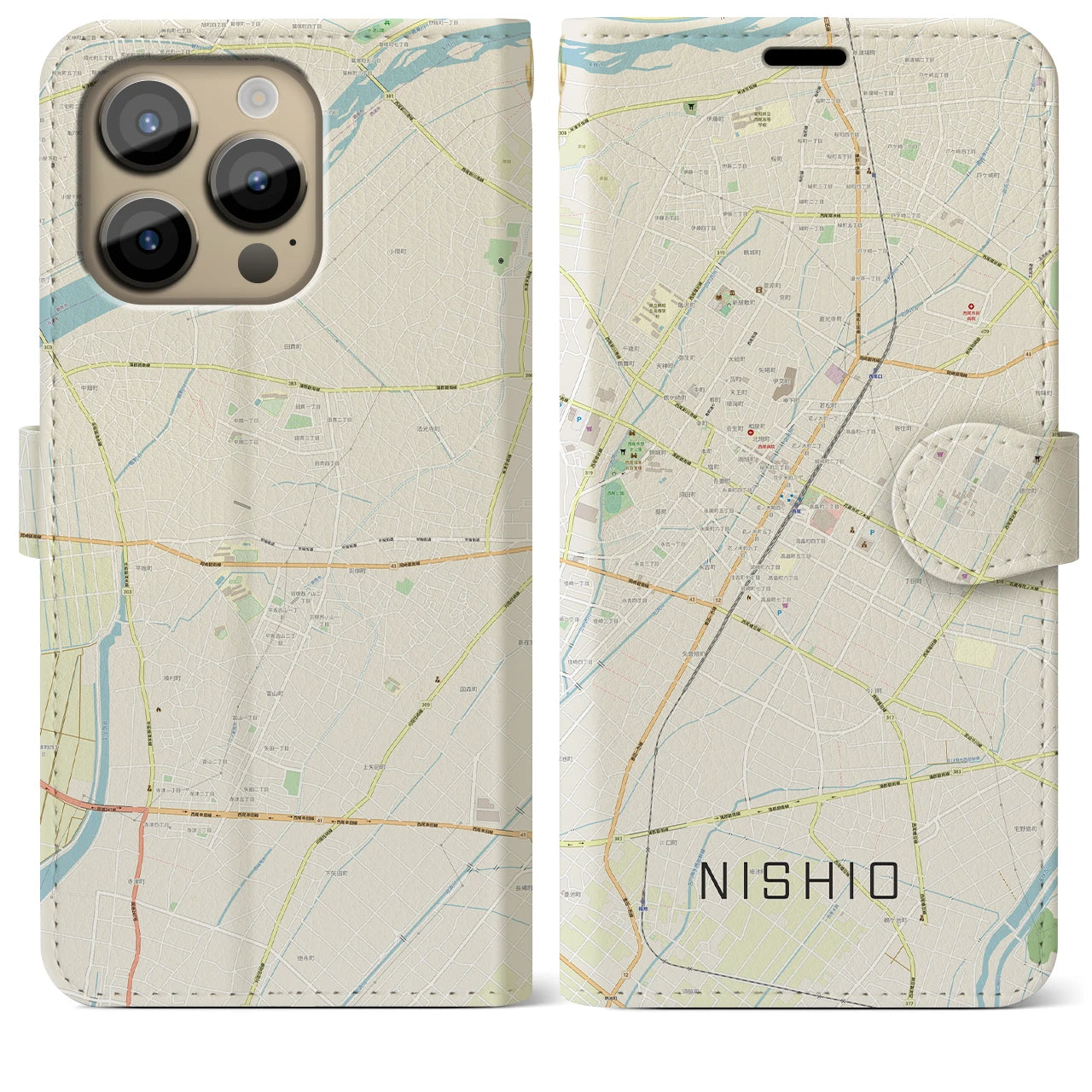 【西尾】地図柄iPhoneケース（手帳両面タイプ・ナチュラル）iPhone 14 Pro Max 用