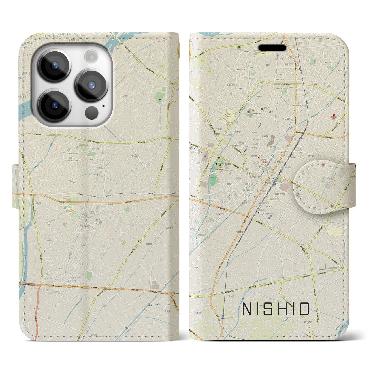 【西尾】地図柄iPhoneケース（手帳両面タイプ・ナチュラル）iPhone 14 Pro 用