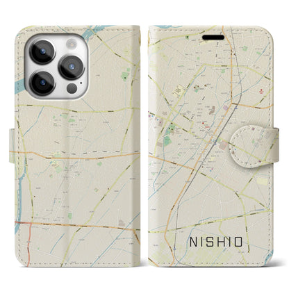 【西尾（愛知県）】地図柄iPhoneケース（手帳タイプ）ナチュラル・iPhone 14 Pro 用