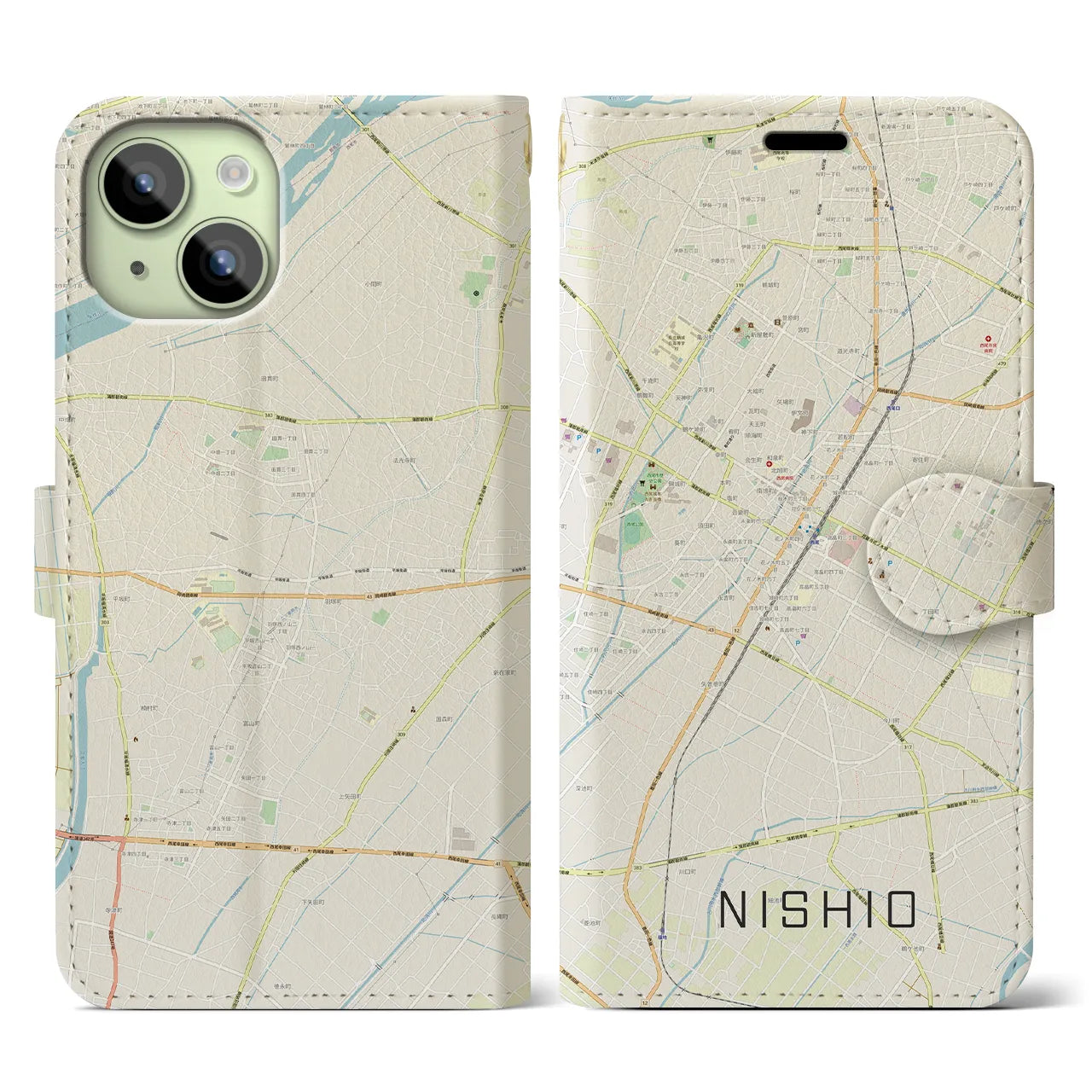 【西尾】地図柄iPhoneケース（手帳両面タイプ・ナチュラル）iPhone 15 用
