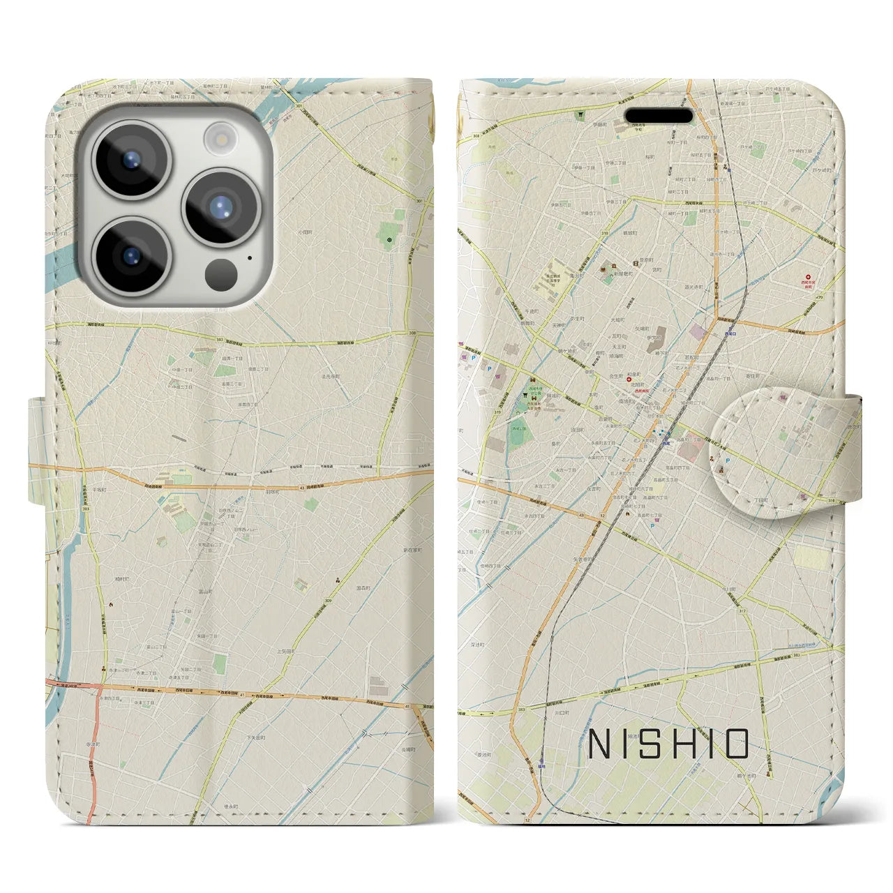 【西尾】地図柄iPhoneケース（手帳両面タイプ・ナチュラル）iPhone 15 Pro 用