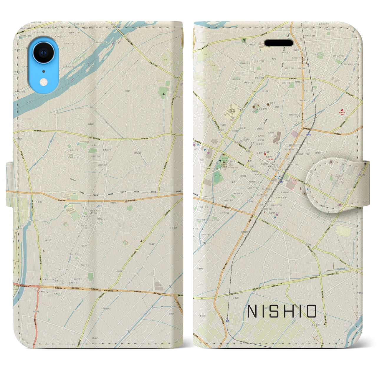【西尾】地図柄iPhoneケース（手帳両面タイプ・ナチュラル）iPhone XR 用