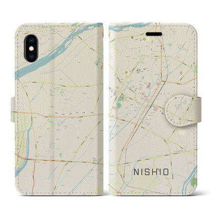 【西尾（愛知県）】地図柄iPhoneケース（手帳タイプ）ナチュラル・iPhone XS / X 用