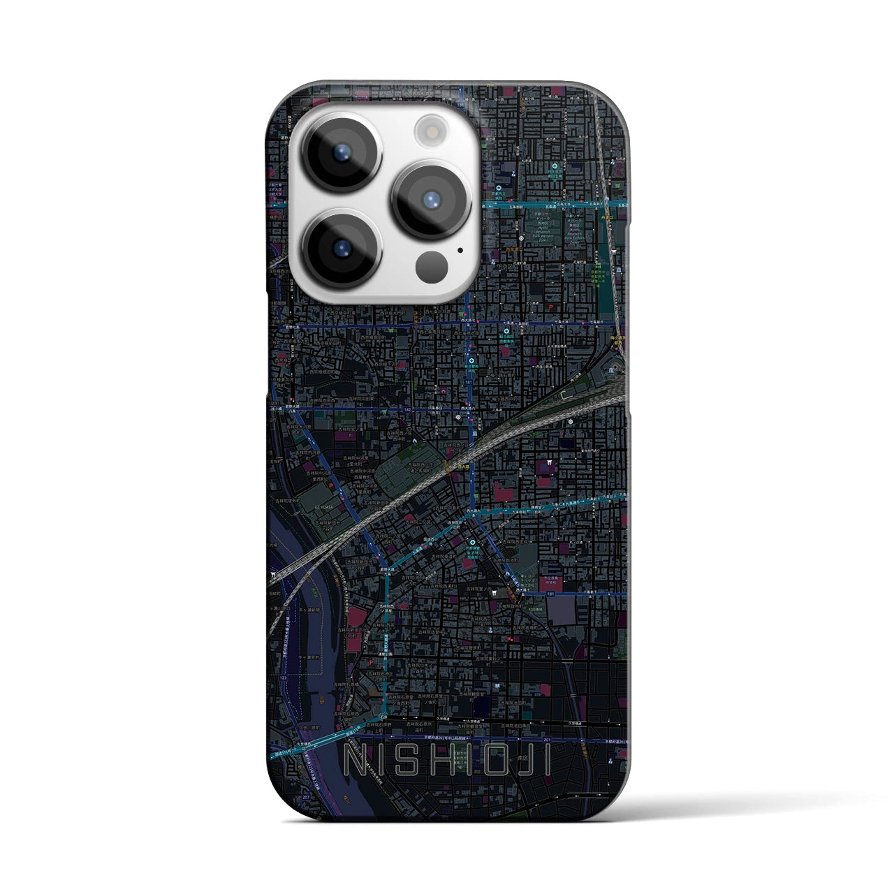 【西大路】地図柄iPhoneケース（バックカバータイプ・ブラック）iPhone 14 Pro 用