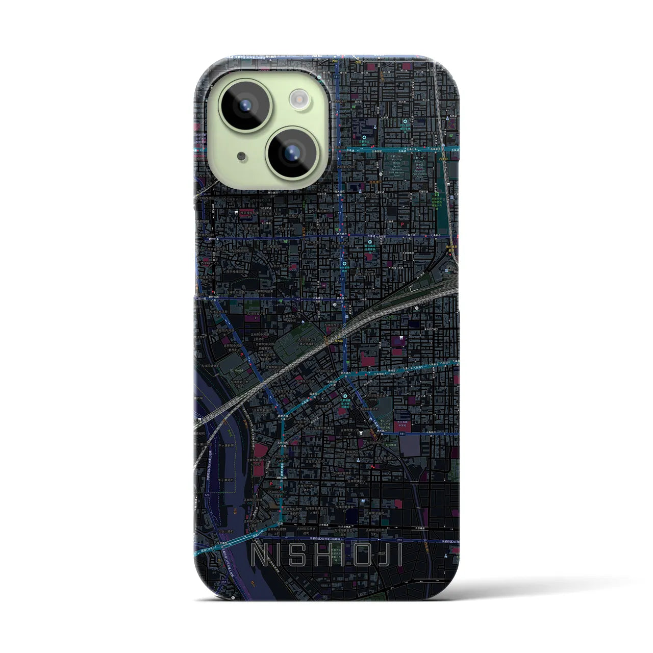 【西大路】地図柄iPhoneケース（バックカバータイプ・ブラック）iPhone 15 用