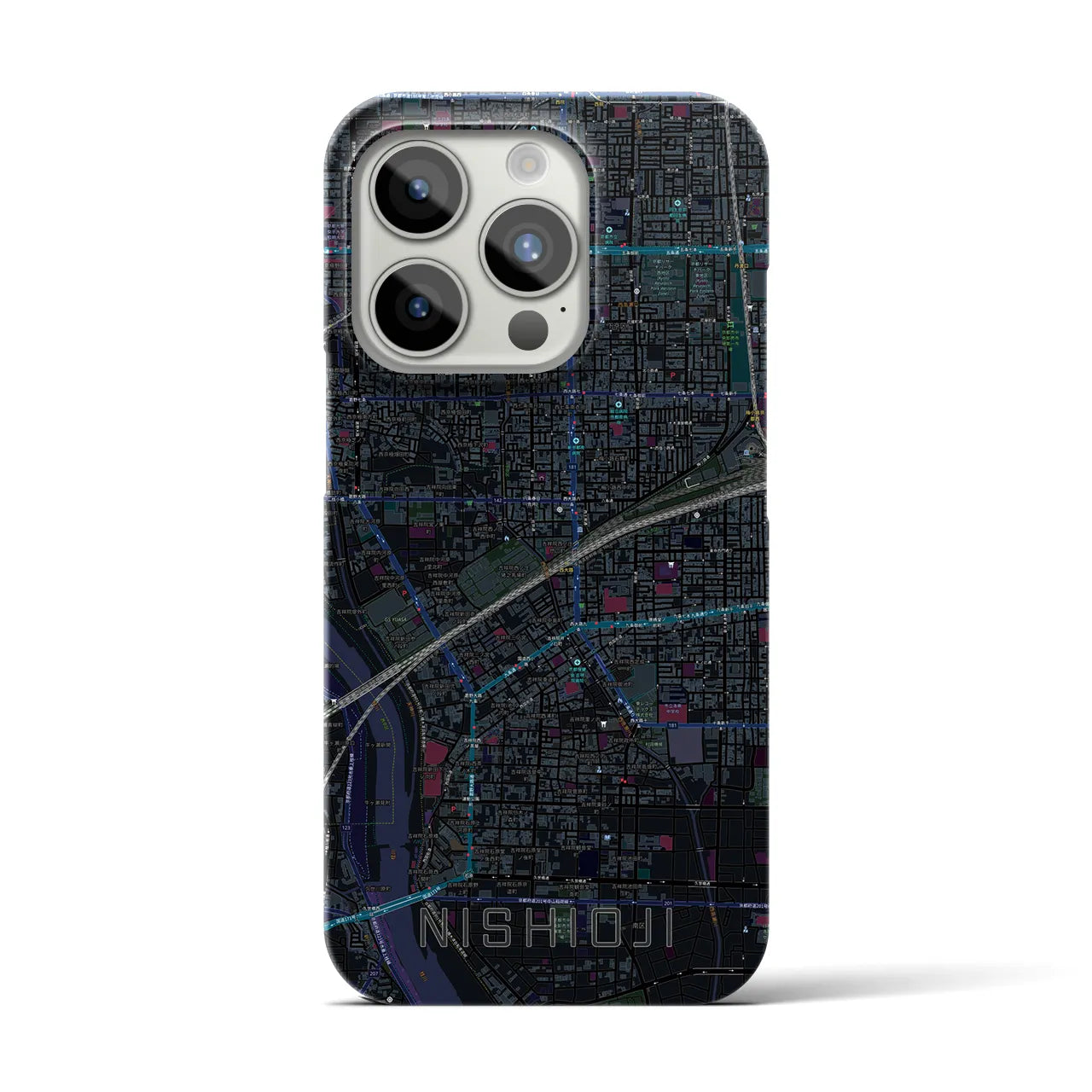 【西大路】地図柄iPhoneケース（バックカバータイプ・ブラック）iPhone 15 Pro 用