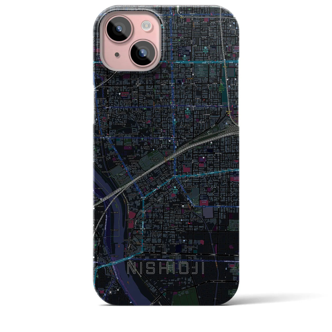 【西大路】地図柄iPhoneケース（バックカバータイプ・ブラック）iPhone 15 Plus 用
