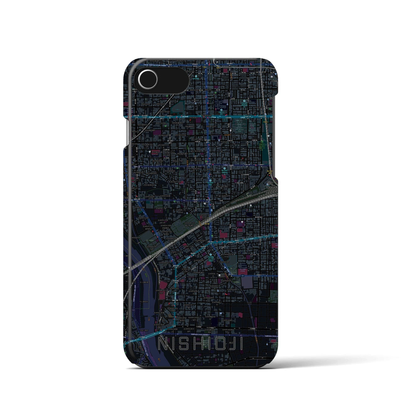 【西大路】地図柄iPhoneケース（バックカバータイプ・ブラック）iPhone SE（第3 / 第2世代） / 8 / 7 / 6s / 6 用