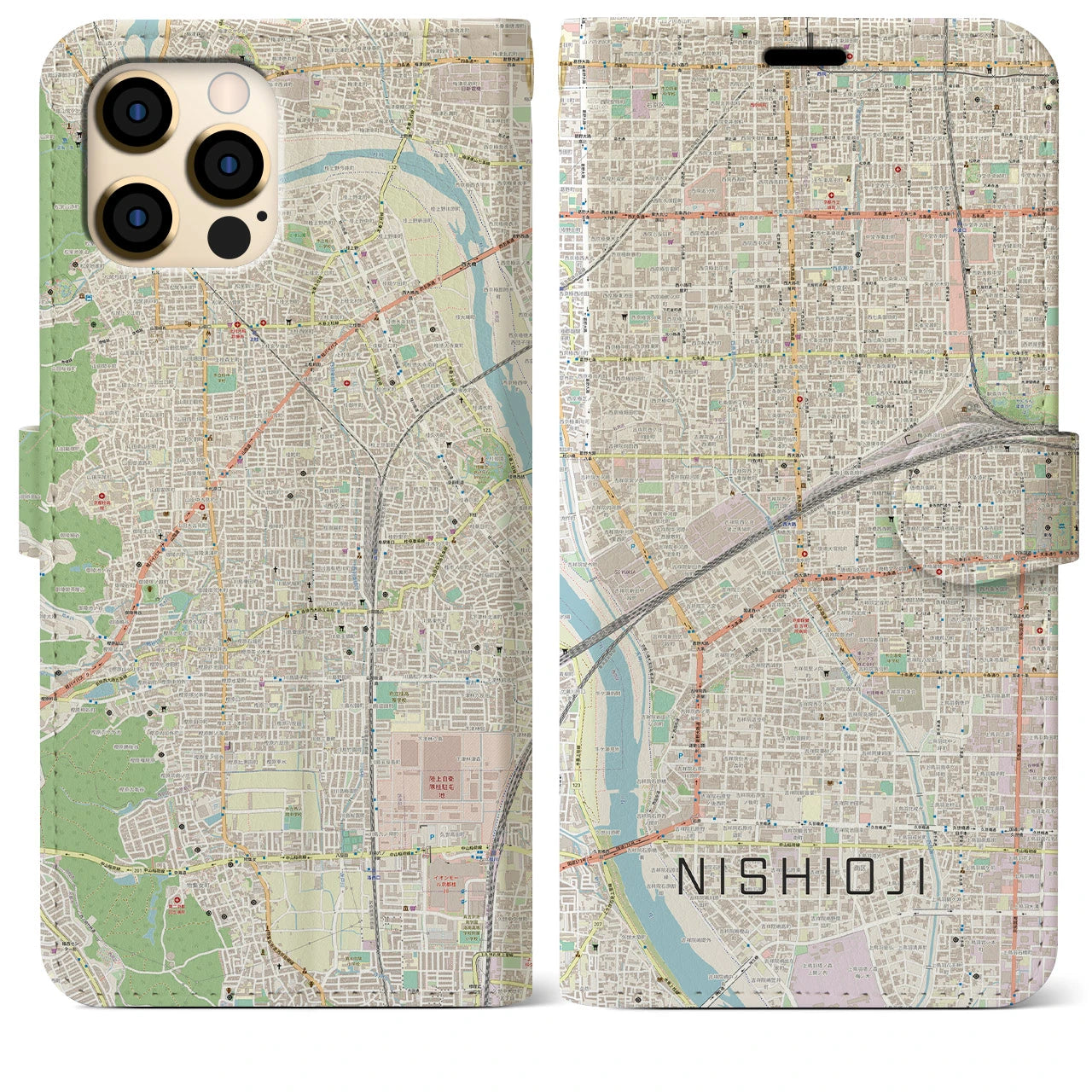 【西大路】地図柄iPhoneケース（手帳両面タイプ・ナチュラル）iPhone 12 Pro Max 用