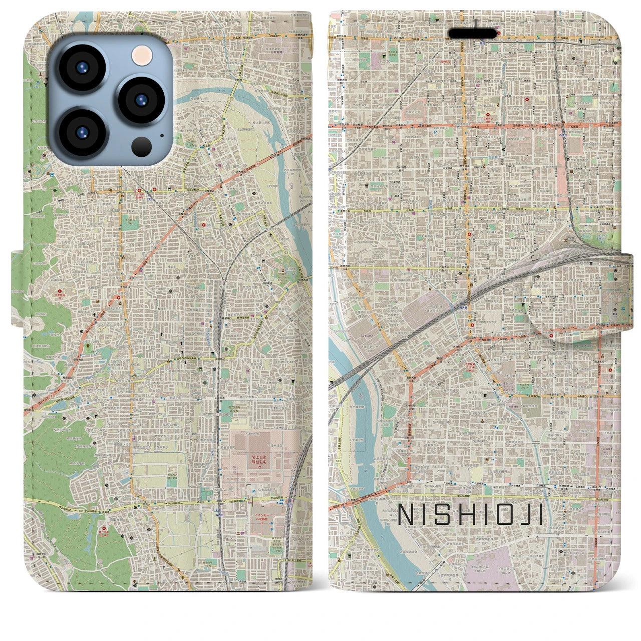 【西大路】地図柄iPhoneケース（手帳両面タイプ・ナチュラル）iPhone 13 Pro Max 用