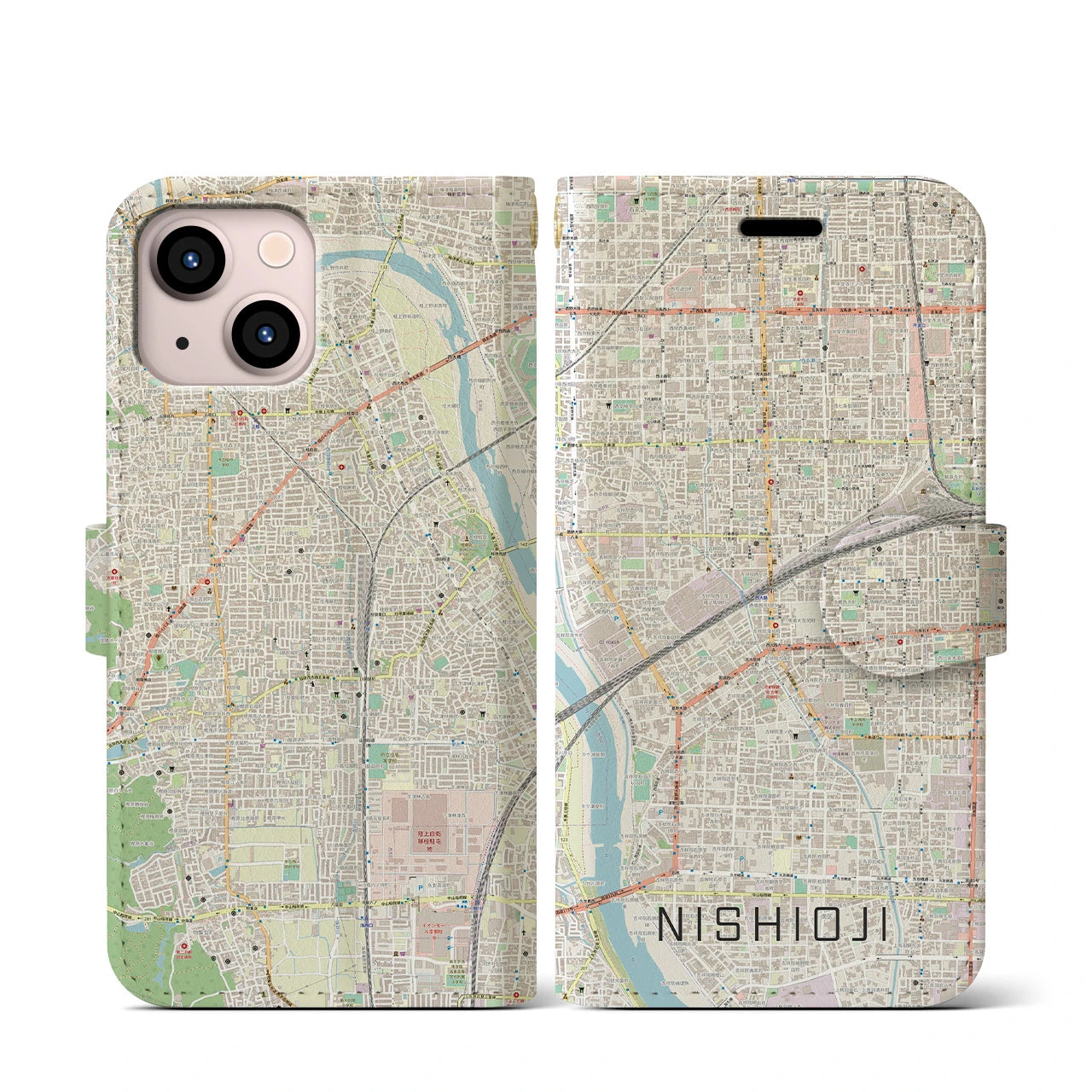 【西大路】地図柄iPhoneケース（手帳両面タイプ・ナチュラル）iPhone 13 mini 用