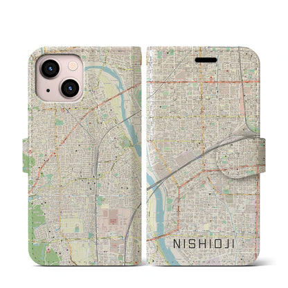 【西大路（京都府）】地図柄iPhoneケース（手帳タイプ）ナチュラル・iPhone 13 mini 用