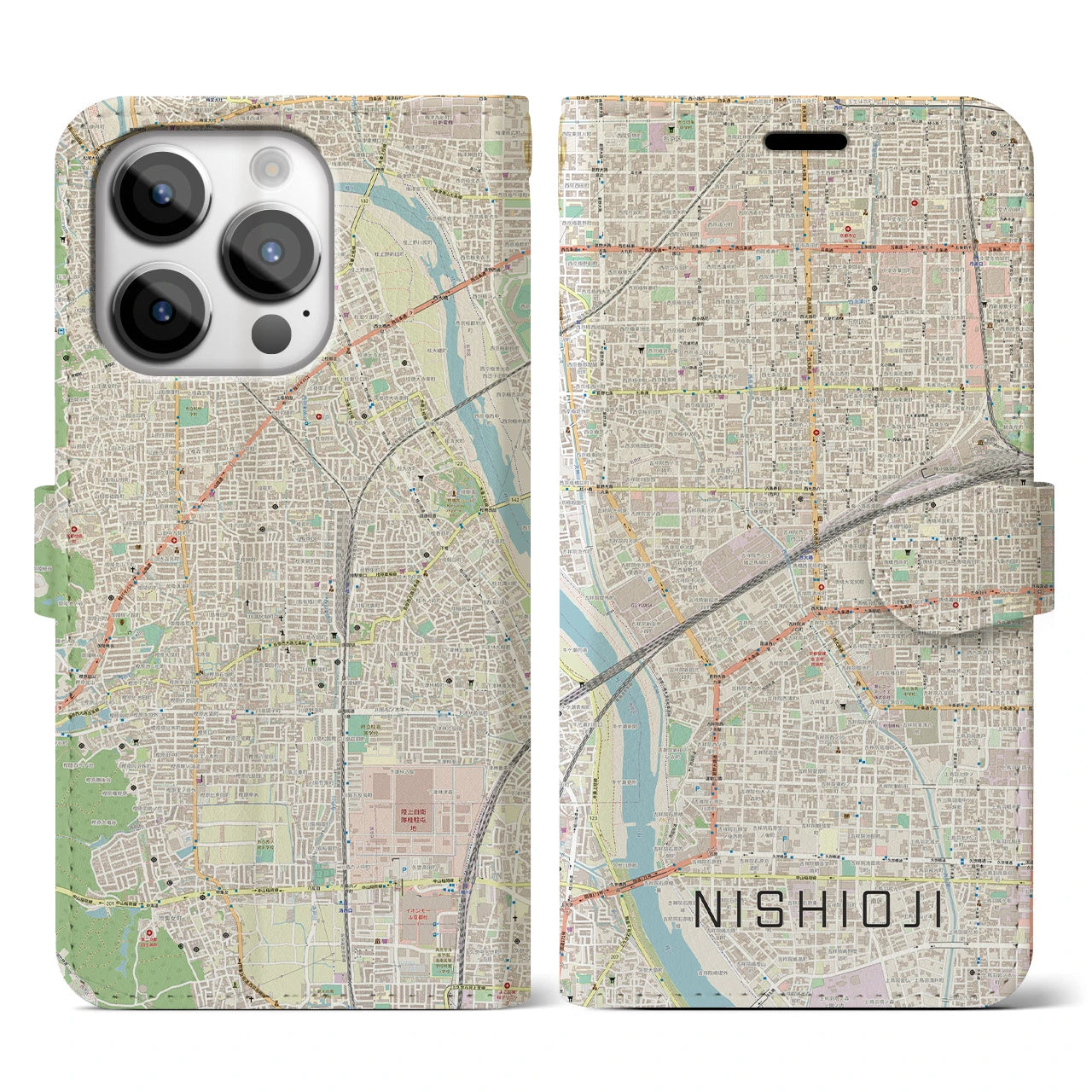 【西大路】地図柄iPhoneケース（手帳両面タイプ・ナチュラル）iPhone 14 Pro 用