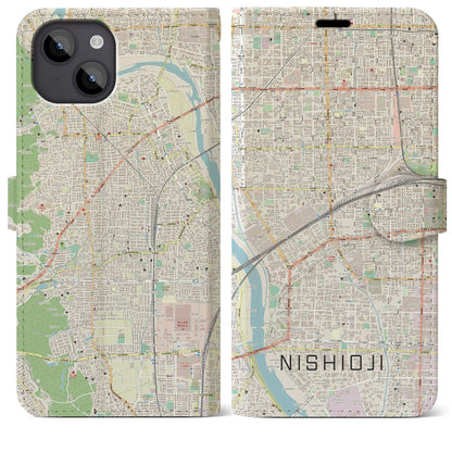 【西大路（京都府）】地図柄iPhoneケース（手帳タイプ）ナチュラル・iPhone 14 Plus 用