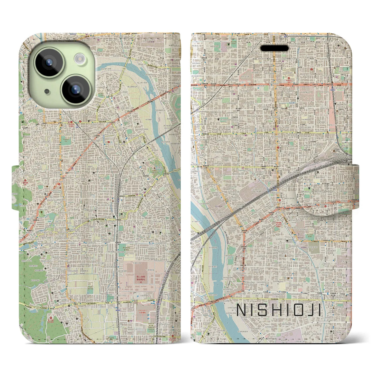 【西大路】地図柄iPhoneケース（手帳両面タイプ・ナチュラル）iPhone 15 用