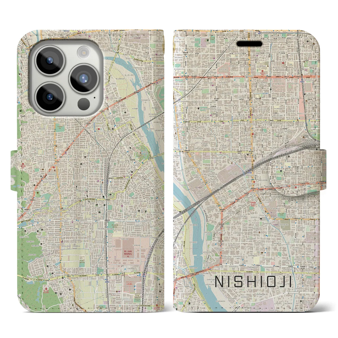 【西大路】地図柄iPhoneケース（手帳両面タイプ・ナチュラル）iPhone 15 Pro 用