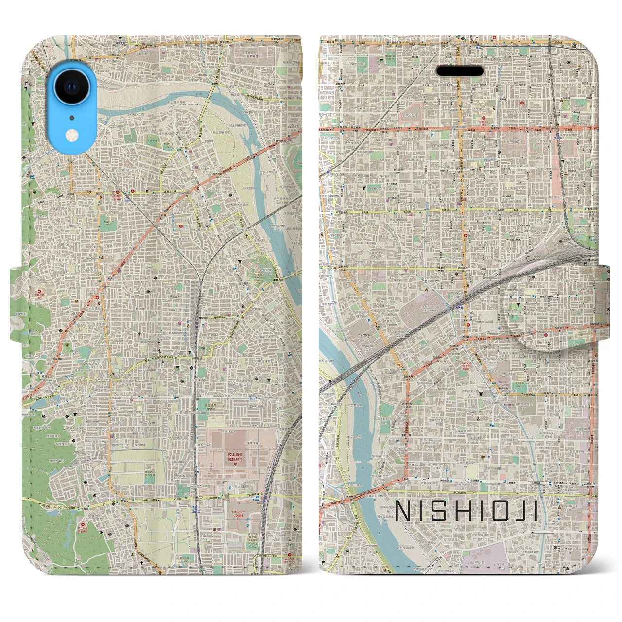 【西大路】地図柄iPhoneケース（手帳両面タイプ・ナチュラル）iPhone XR 用